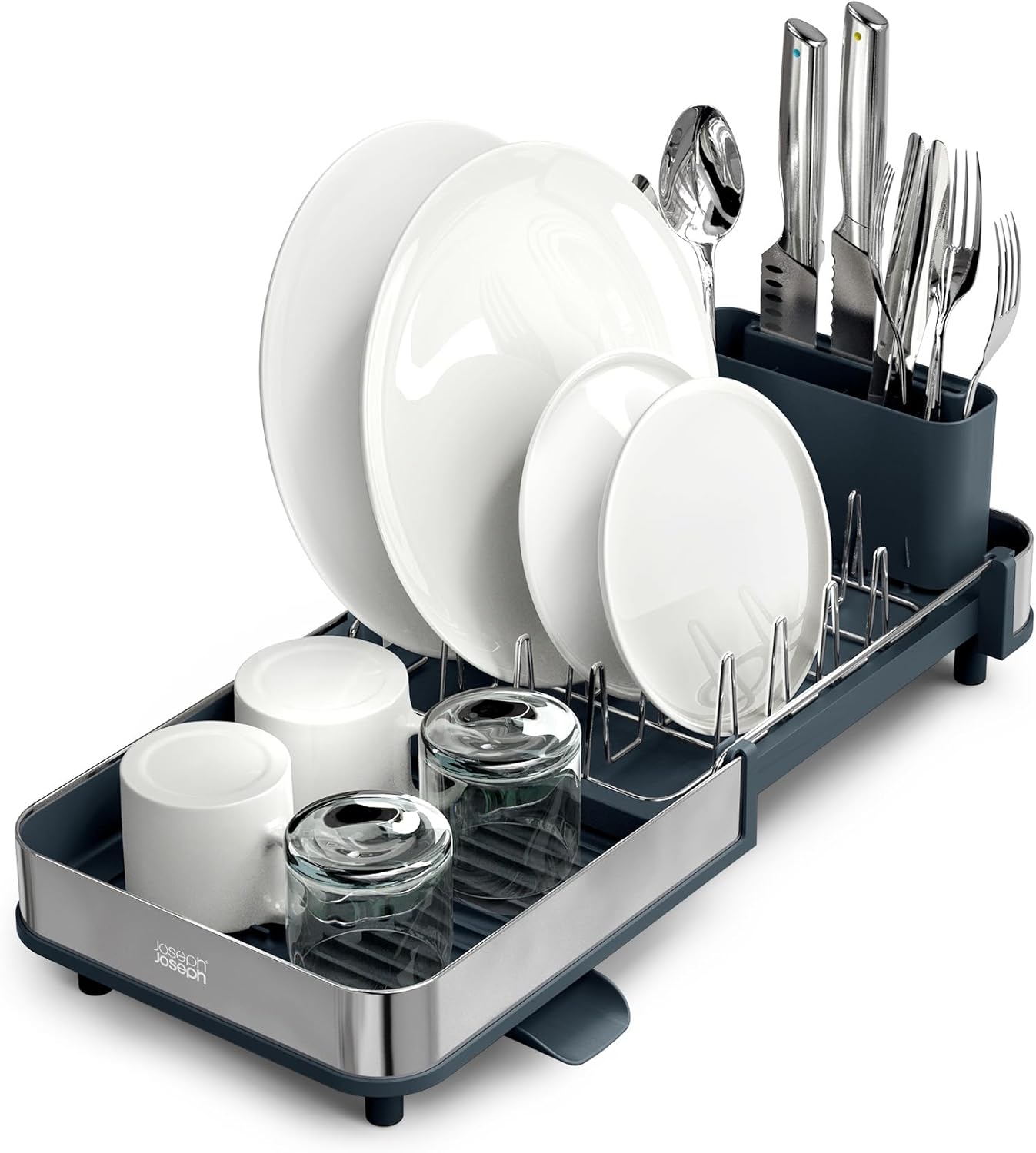 Joseph Joseph Extend Steel Expandable Dish Drying Rack with Removable Cutlery Holder Swivel Draining Spout, Stainless Steel