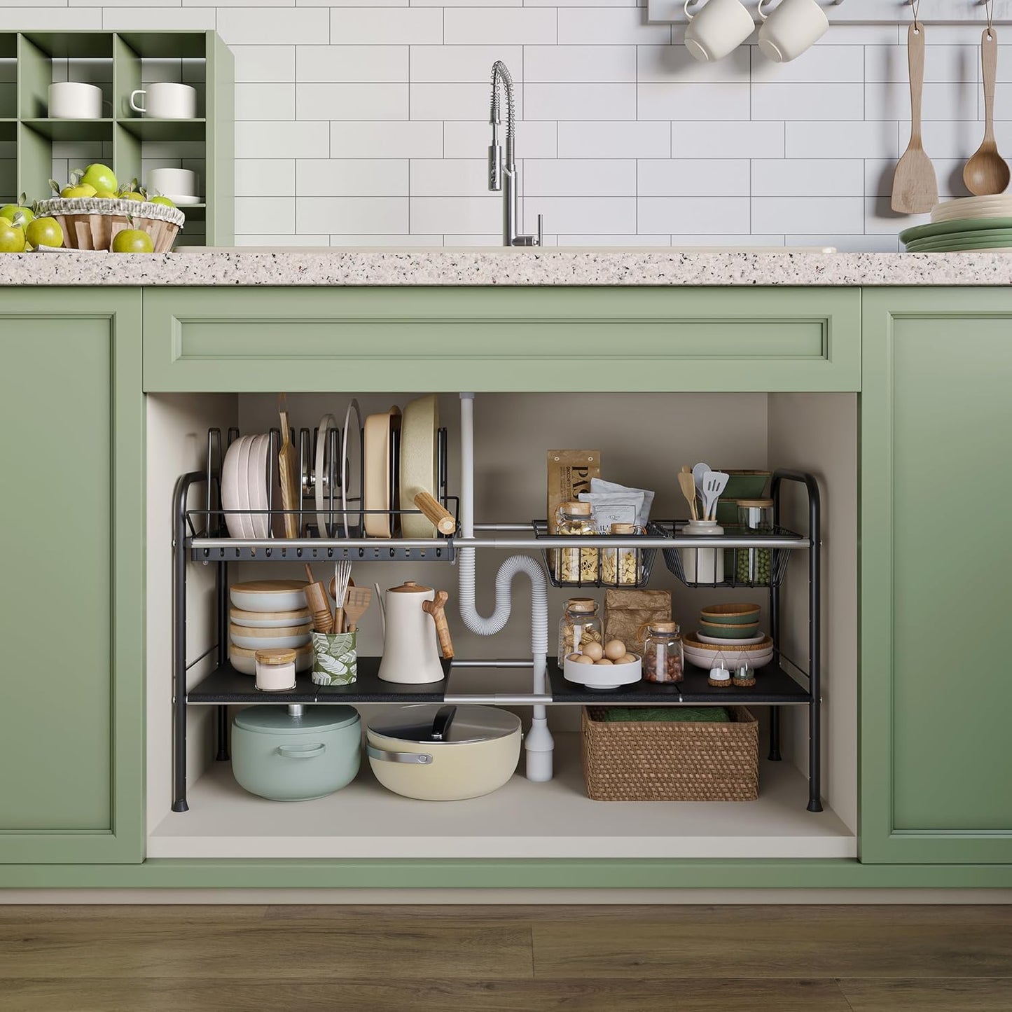 NETEL 2 Pack Under Sink Organizers and Storage,Expandable Under Cabinet Organizer Shelf with 8 Removable Panels,Expandable Shelf for Cupboard,Kitchen,Bathroom,Shoe Storage Rack