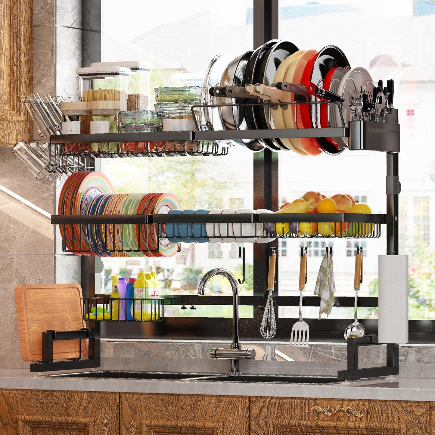 ADBIU Over The Sink Dish Drying Rack (Expandable Height and Length) Snap-On Design 2 Tier Large Dish Rack 31-39.4L x 12W x 34-38H inches