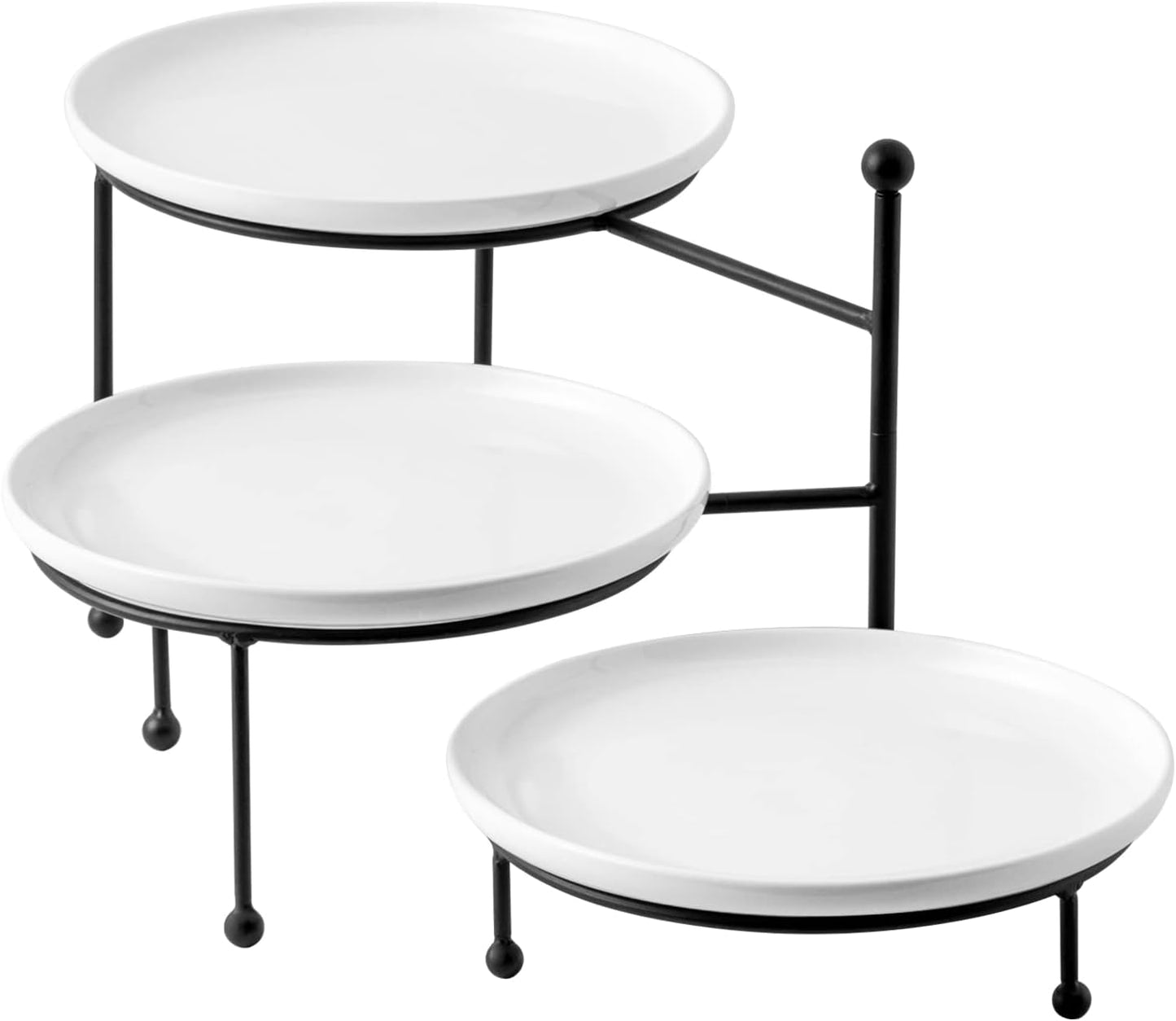 Kanwone 3 Tiered Serving Stand with White Porcelain Plates, 10" Round Tray, Dessert Table Display Set, Black Metal Stand, Versatile & Durable