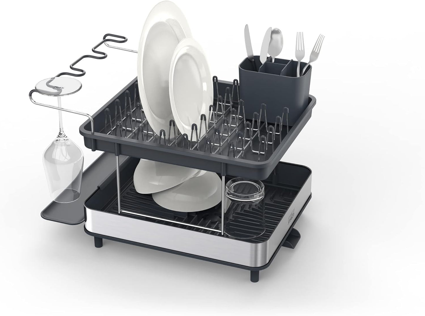 Joseph Joseph Extend Steel Expandable Dish Drying Rack with Removable Cutlery Holder Swivel Draining Spout, Stainless Steel