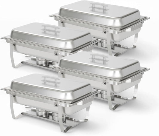 Alpha Living 4 Pack Chafing Dish Full Set – Stainless Steel Catering Chafer with Lids, Pans & Fuel Holders – Buffet Food Warmers for Parties, Events & Weddings – Alpine Gray Handles