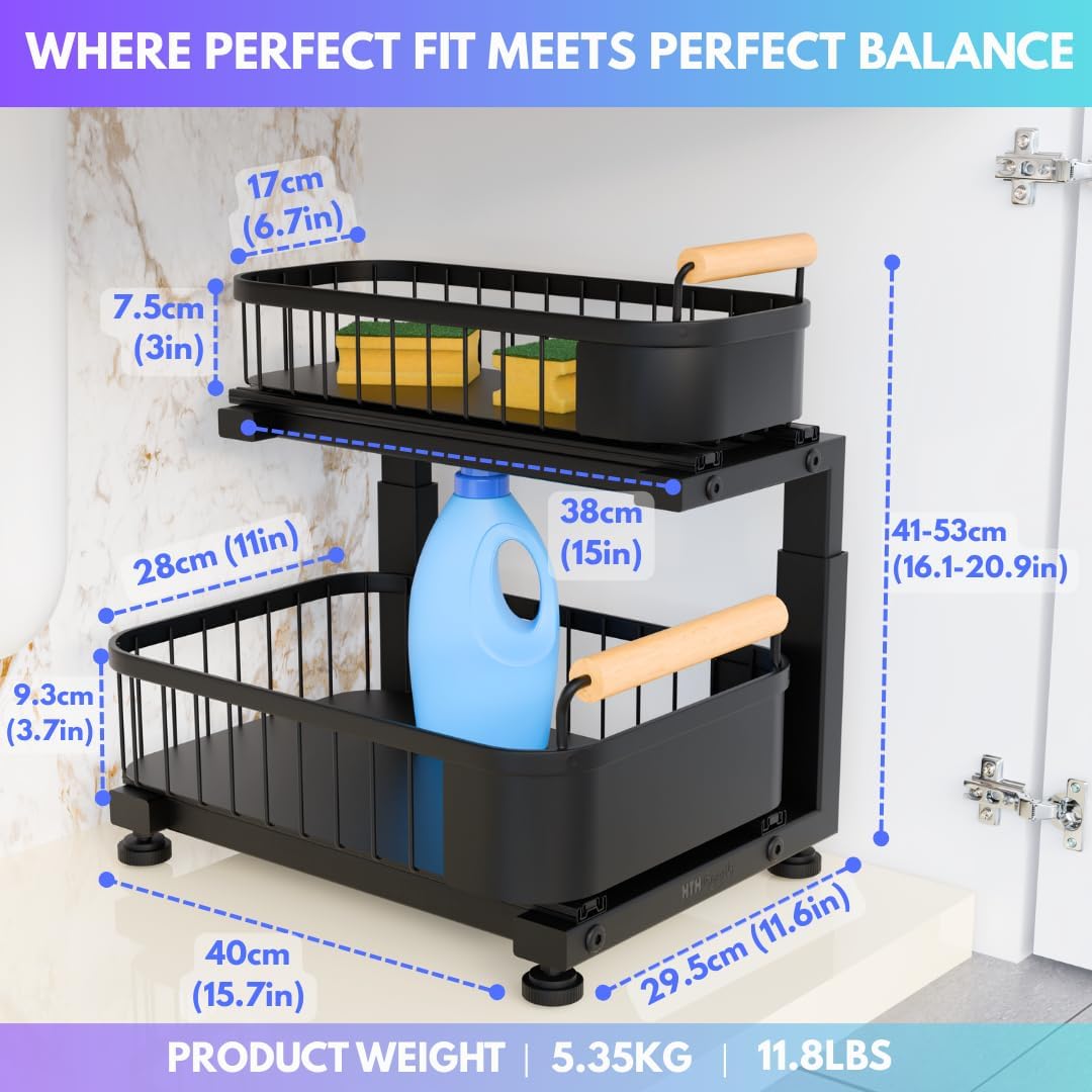 Premium Heavy Duty Carbon Steel Under Sink Organizer, 2 Tier Pull Out Cabinet Organizer, 7 Adjustable Heights with Smooth Ball Bearing Sliding Baskets for Bathroom & Kitchen