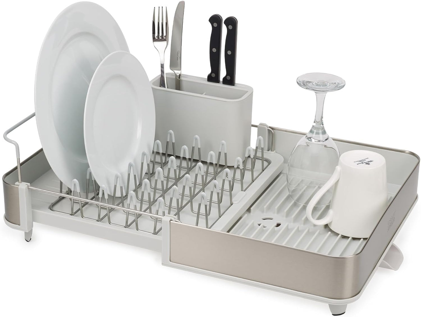 Joseph Joseph Extendable Dish Drying Rack with Dual Parts - Stainless Steel, Non-Scratch, Movable Utensil Drainer & Drainage Spout, Gray