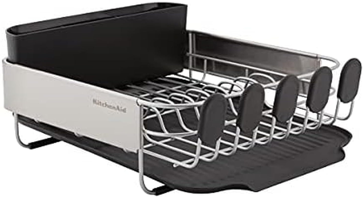 KitchenAid Compact, Space Saving Rust Resistant Dish Rack, with Angled Self Draining Drain Board and Removable Flatware Caddy, 16.06-Inch, Gray