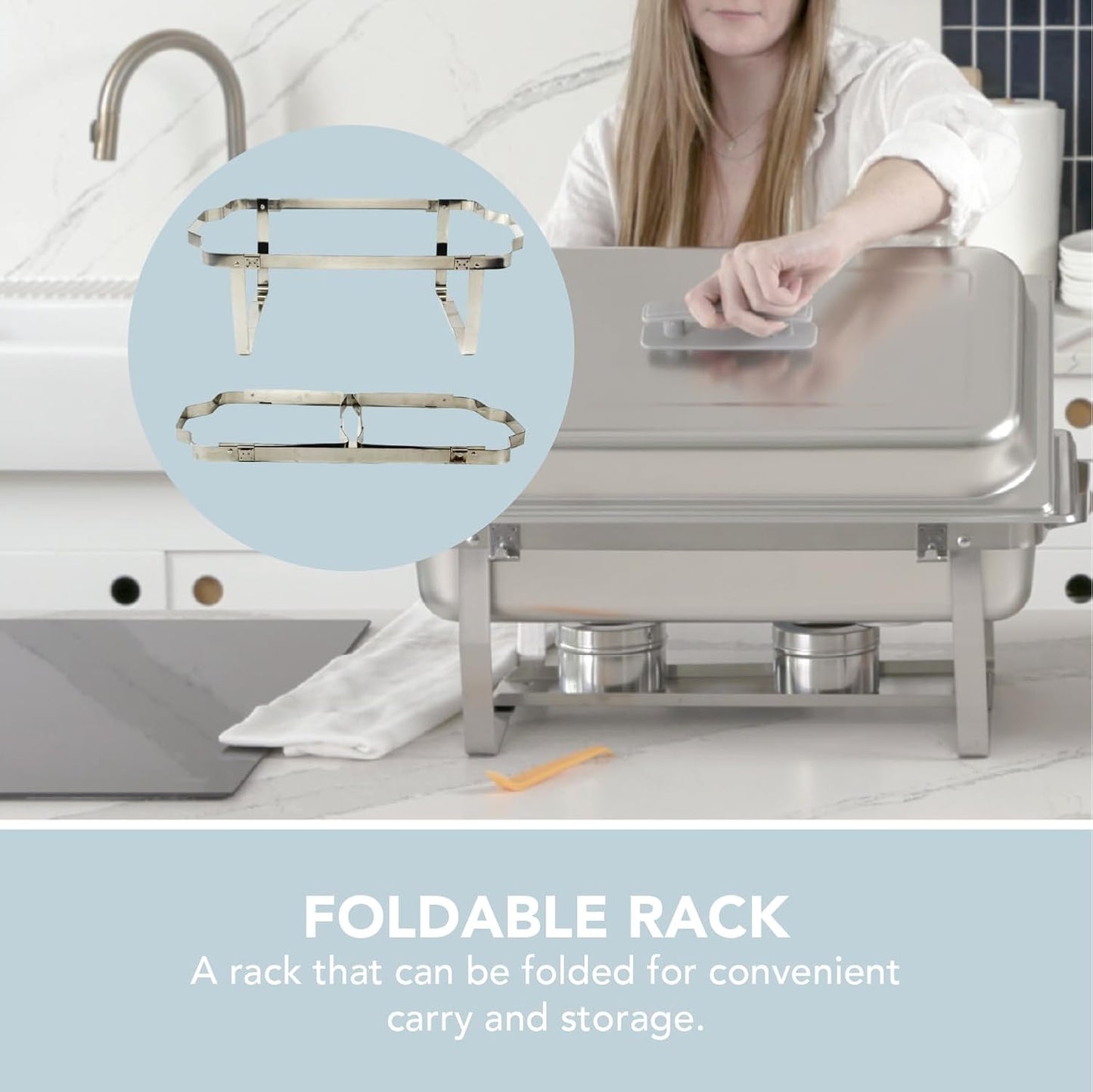 Alpha Living 4 Pack Chafing Dish Full Set – Stainless Steel Catering Chafer with Lids, Pans & Fuel Holders – Buffet Food Warmers for Parties, Events & Weddings – Alpine Gray Handles