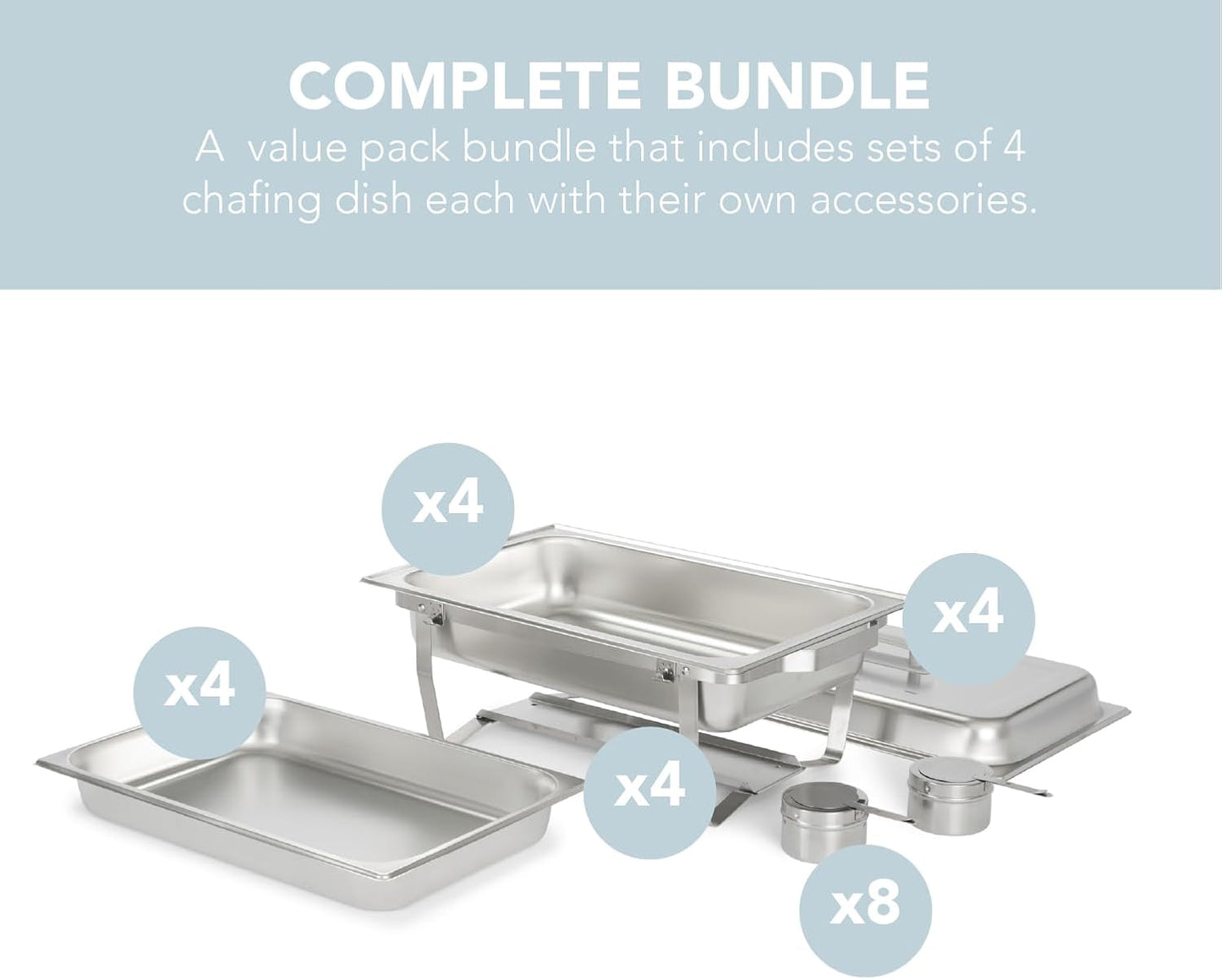 Alpha Living 4 Pack Chafing Dish Full Set – Stainless Steel Catering Chafer with Lids, Pans & Fuel Holders – Buffet Food Warmers for Parties, Events & Weddings – Alpine Gray Handles