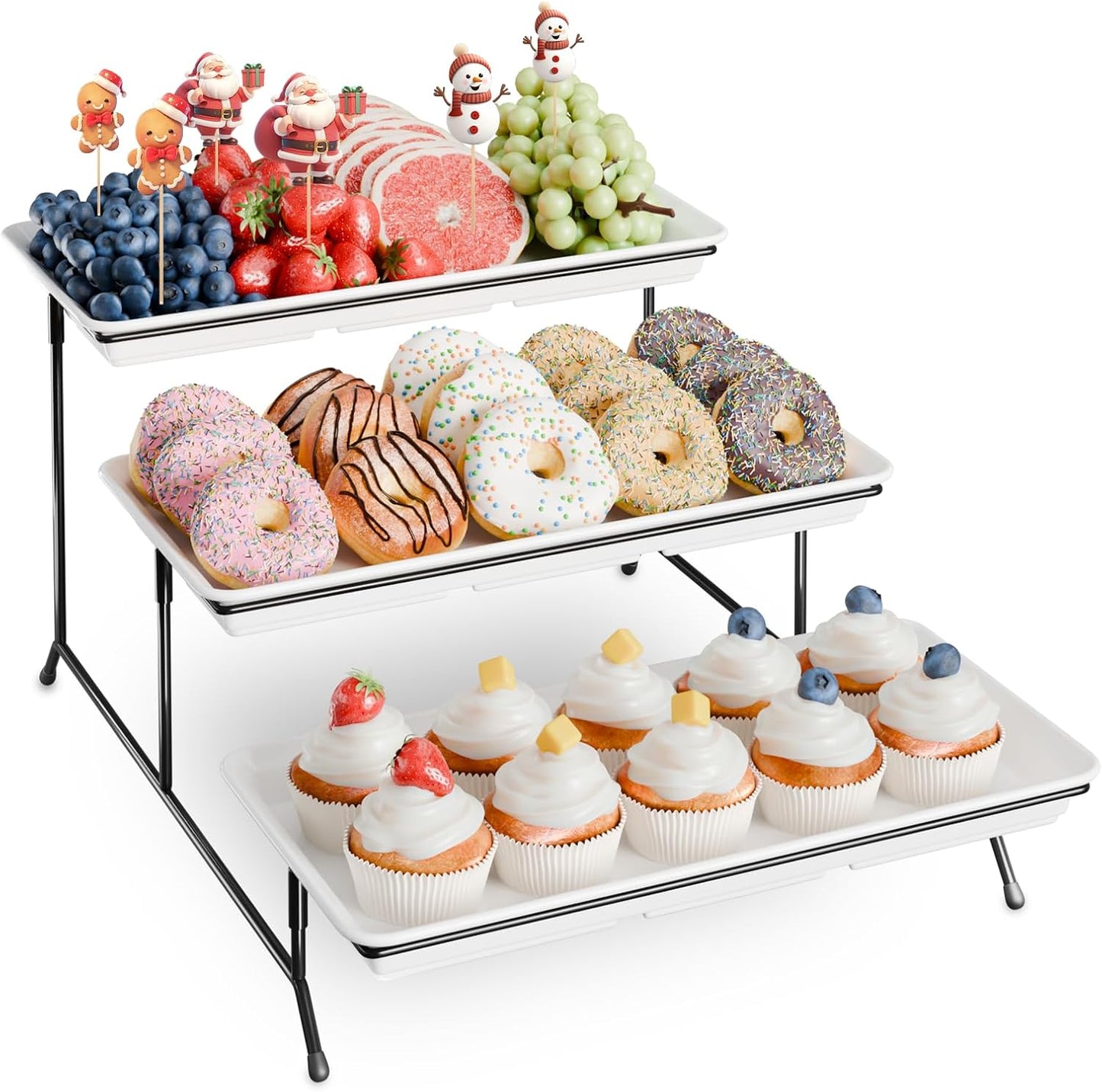 Extra Large 3-Tier Melamine Serving Tray Set and Cupcake Stand for Party Events, 17" Platters with Tiered Stand, Holds 63 Cupcakes, Food, Dessert, and Fruit – Black