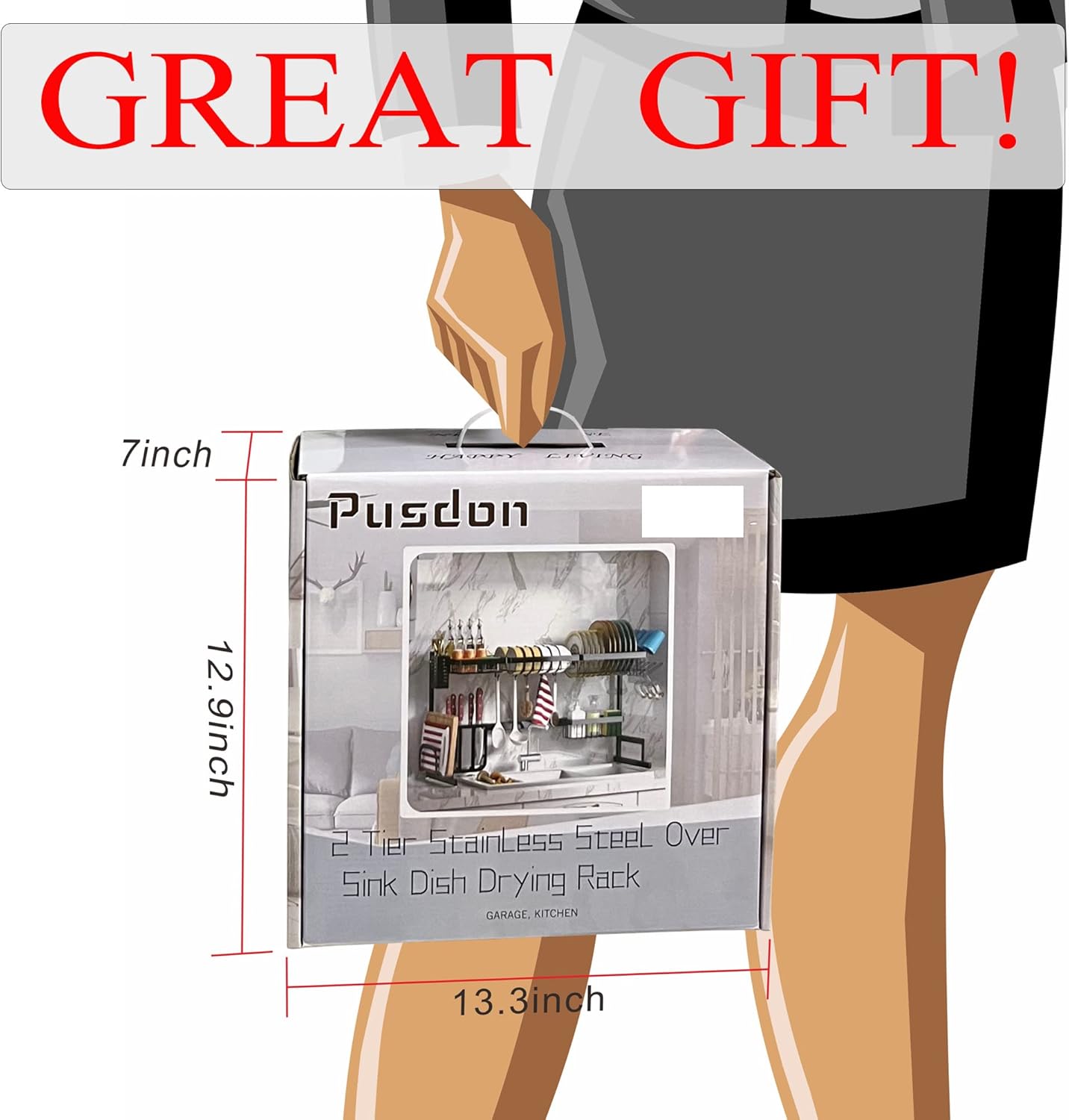 PUSDON Over Sink Dish Drying Rack Stainless Steel, Adjustable Large Dish Drainer for Storage Kitchen Organization Black 2 Tier - Standard(26"-38")