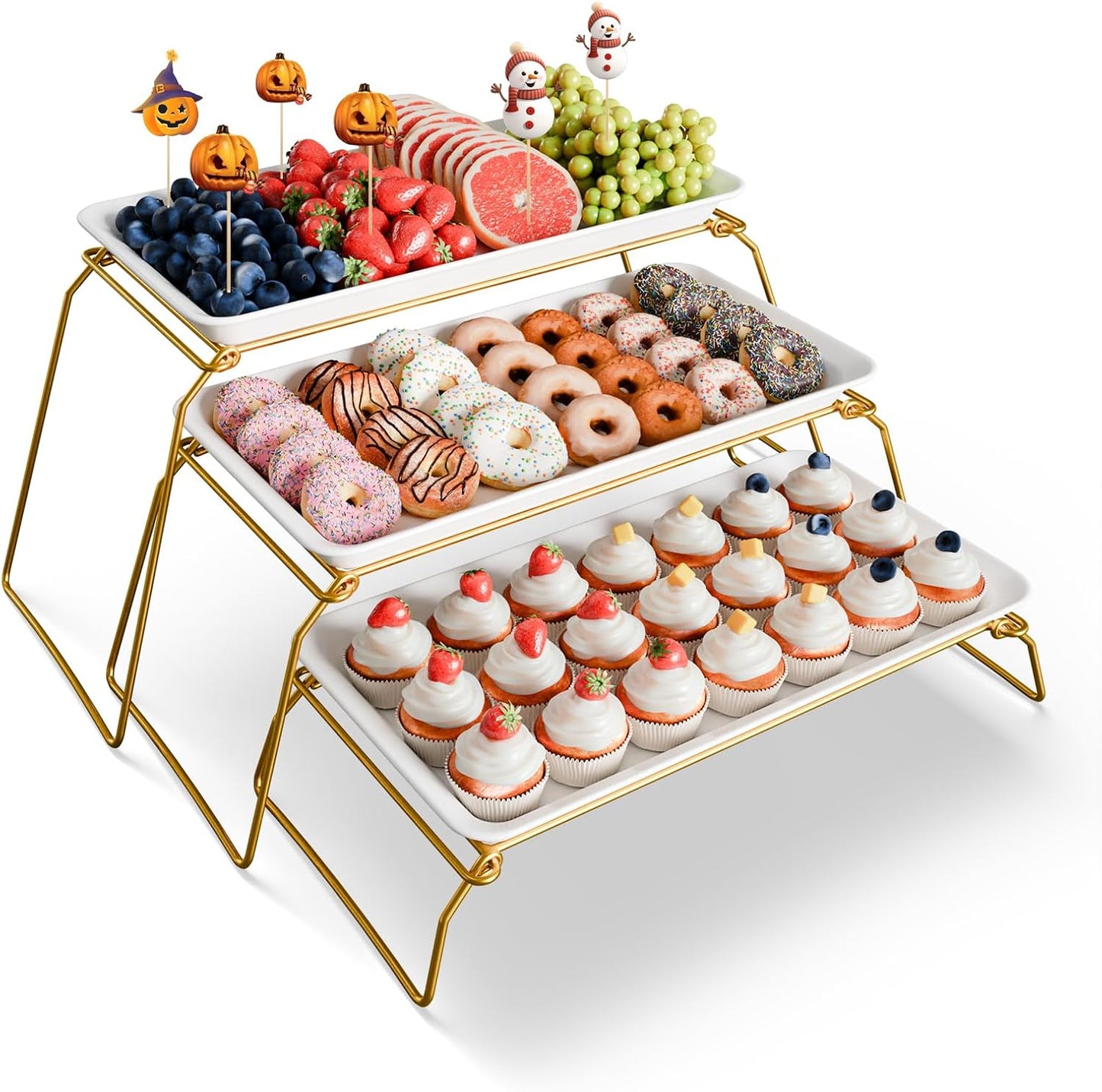 Extra Large 3-Tier Melamine Serving Tray Set and Cupcake Stand for Party Events, 17" Platters with Tiered Stand, Holds 63 Cupcakes, Food, Dessert, and Fruit – Black