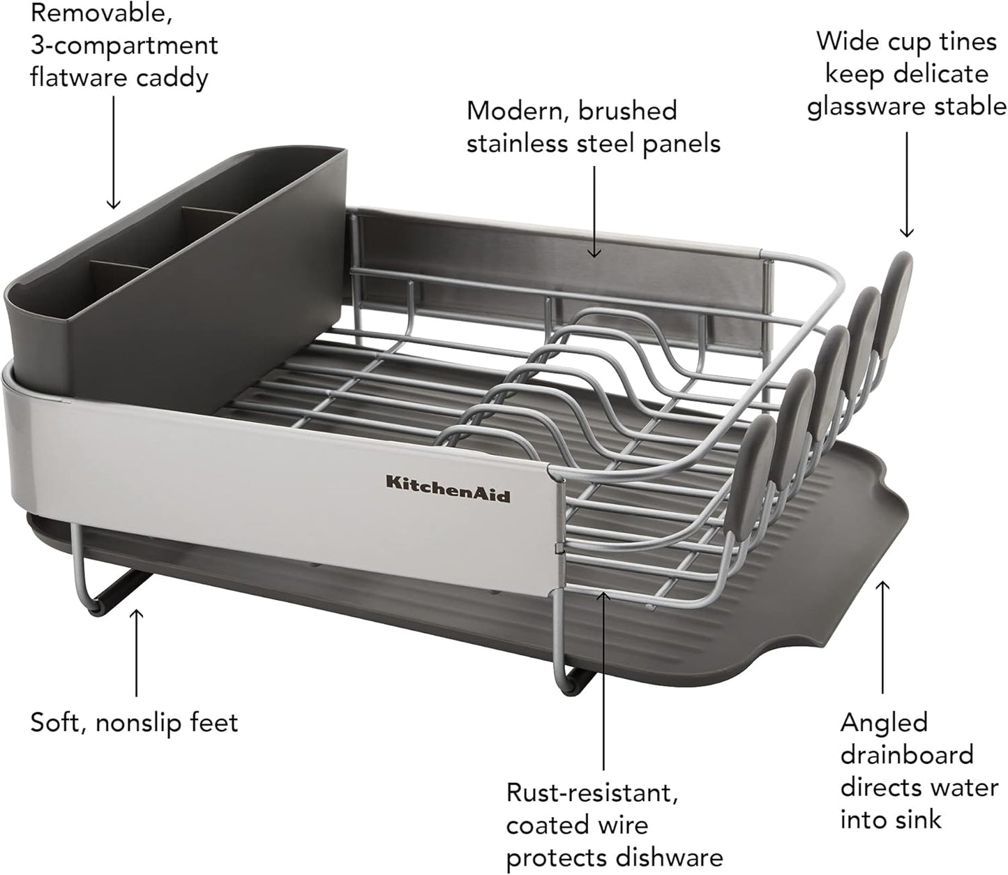 KitchenAid Compact, Space Saving Rust Resistant Dish Rack, with Angled Self Draining Drain Board and Removable Flatware Caddy, 16.06-Inch, Gray