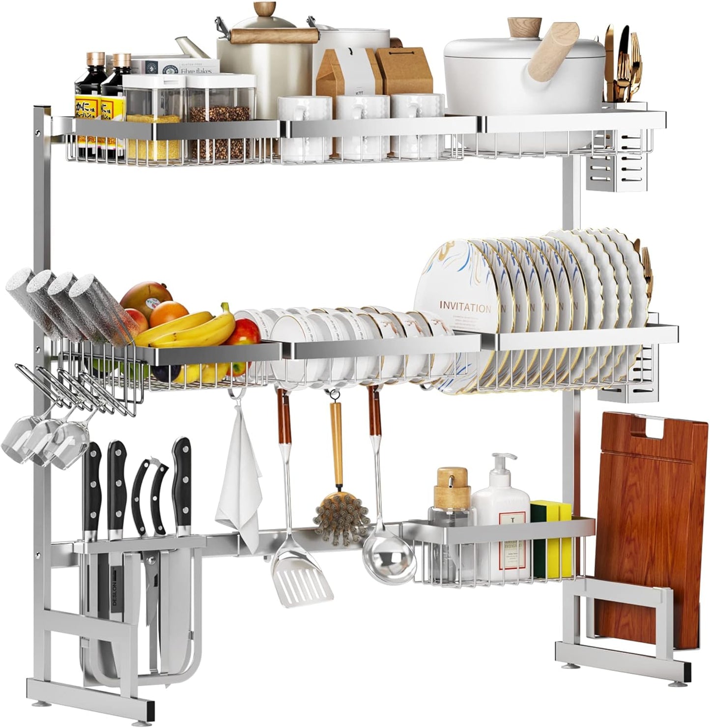 PUSDON Over Sink Dish Drying Rack Stainless Steel, Adjustable Large Dish Drainer for Storage Kitchen Organization Black 2 Tier - Standard(26"-38")