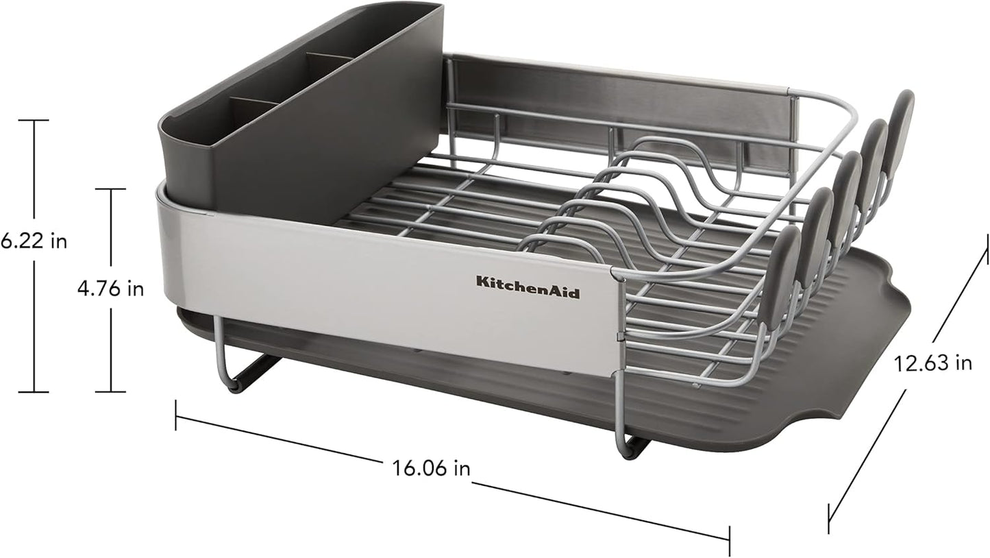 KitchenAid Compact, Space Saving Rust Resistant Dish Rack, with Angled Self Draining Drain Board and Removable Flatware Caddy, 16.06-Inch, Gray