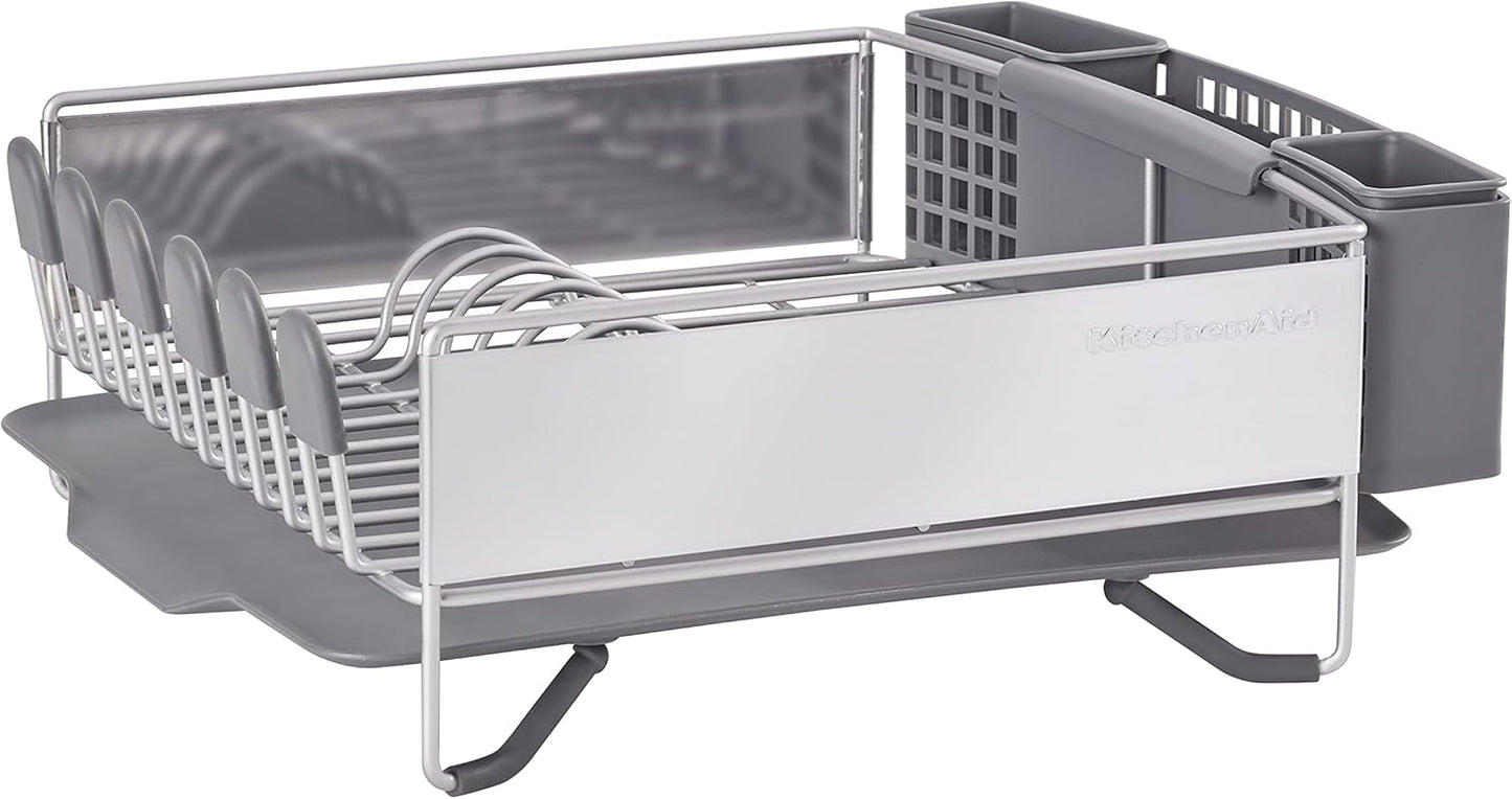 KitchenAid Compact Space Saving, Dish Rack with Removable Flatware Caddy and Angled Self Draining Drainboard, Satin Gray, 15-Inch-by-13.25-Inch