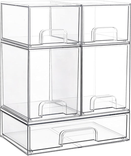 Vtopmart Stackable Storage Drawers Set of 5, Clear Plastic Organizer Bins for Baby Bottle, Beauty Supplies Storage, Ideal for Kichen Countertop, Vanity, Bathroom, Cabinet, Pantry Organization
