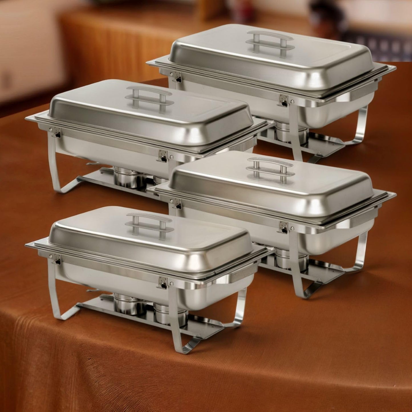 Alpha Living 4 Pack Chafing Dish Full Set – Stainless Steel Catering Chafer with Lids, Pans & Fuel Holders – Buffet Food Warmers for Parties, Events & Weddings – Alpine Gray Handles