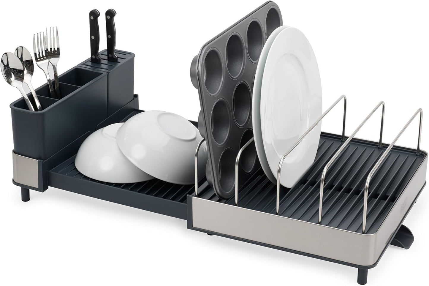Joseph Joseph Extendable Dish Drying Rack with Dual Parts - Stainless Steel, Non-Scratch, Movable Utensil Drainer & Drainage Spout, Gray