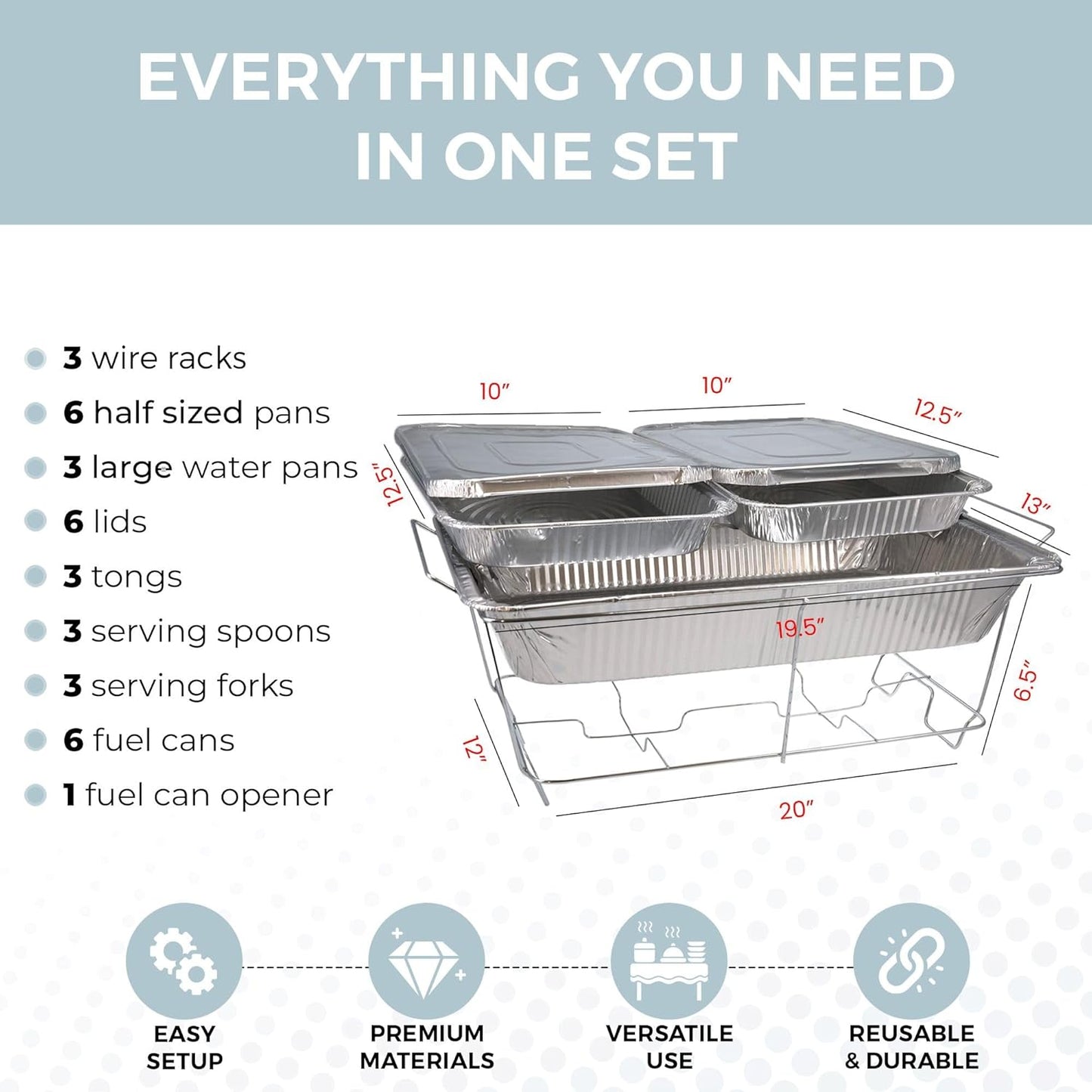 Large Full Size 33-Pcs Disposable Chaffing Buffet with-Covers, Utensils, Fuel Cans – Premium Chafing Dish Set for Events, Parties, Catering