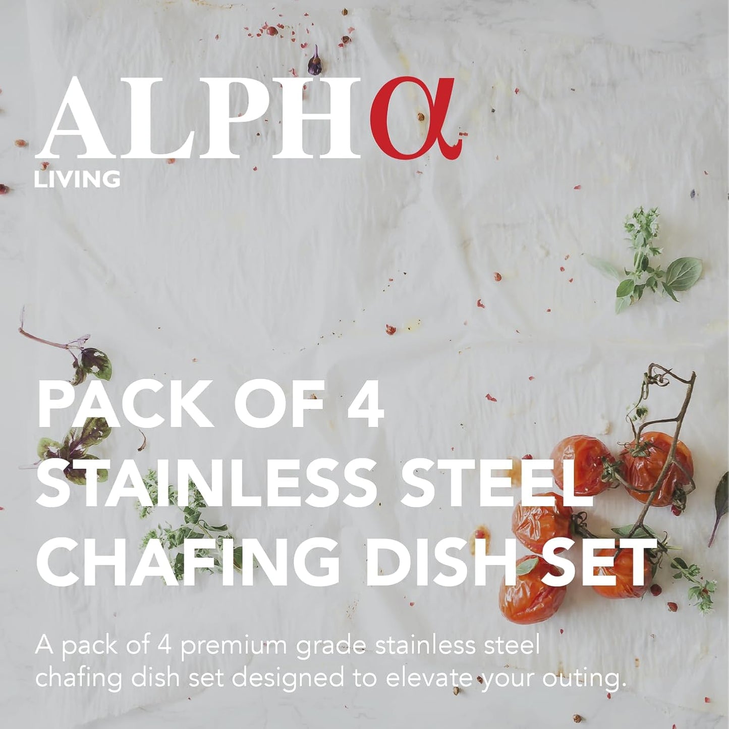 Alpha Living 4 Pack Chafing Dish Full Set – Stainless Steel Catering Chafer with Lids, Pans & Fuel Holders – Buffet Food Warmers for Parties, Events & Weddings – Alpine Gray Handles