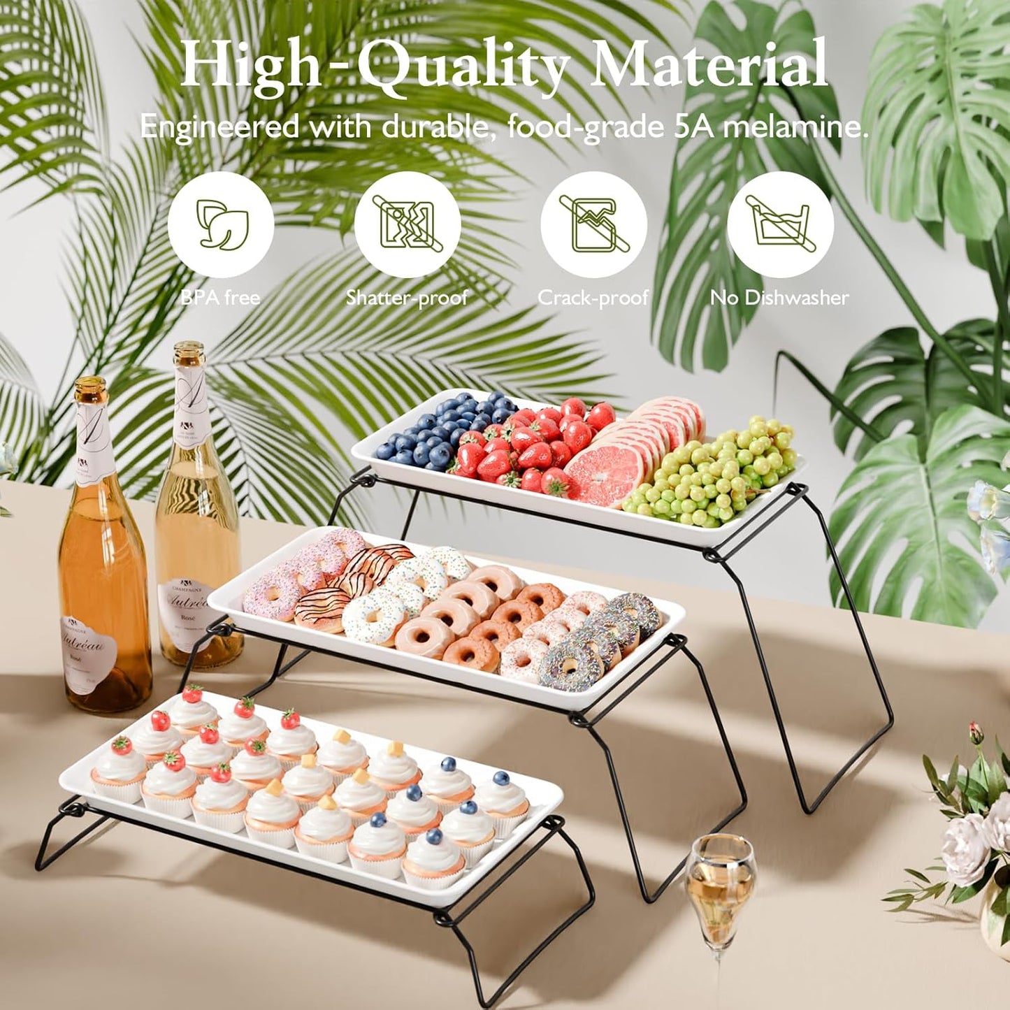 Extra Large 3-Tier Melamine Serving Tray Set and Cupcake Stand for Party Events, 17" Platters with Tiered Stand, Holds 63 Cupcakes, Food, Dessert, and Fruit – Black