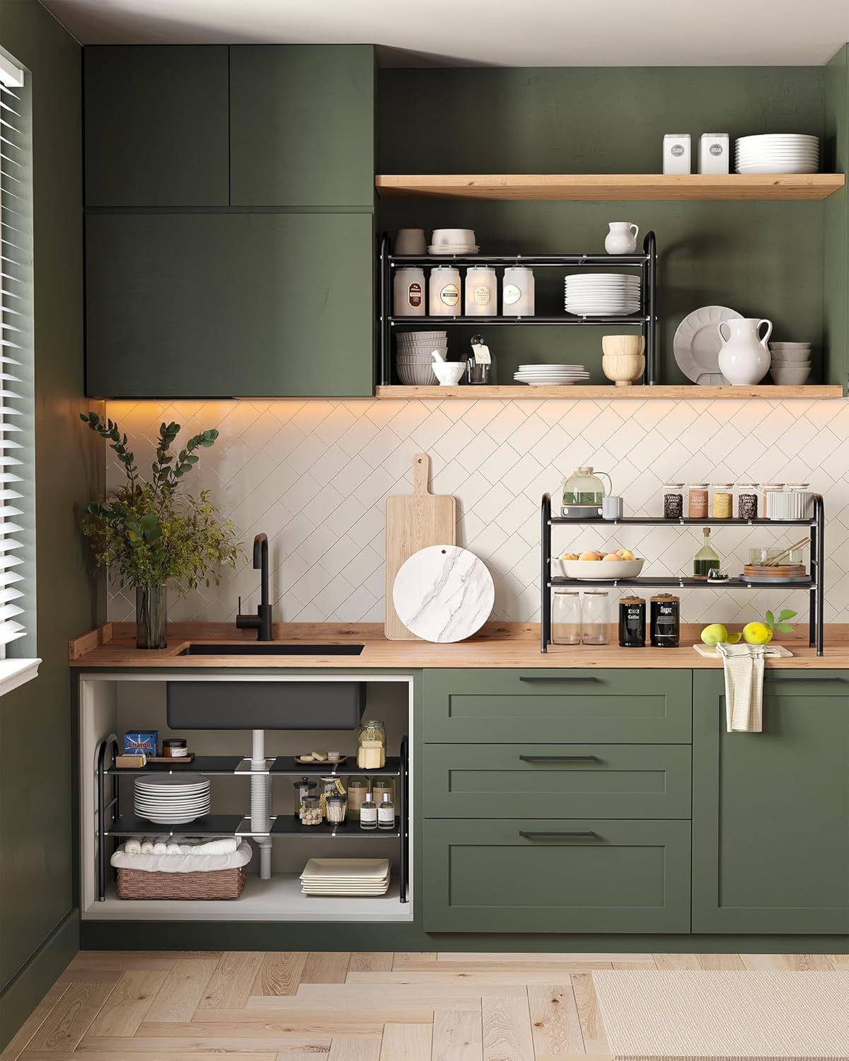 NETEL 2 Pack Under Sink Organizers and Storage,Expandable Under Cabinet Organizer Shelf with 8 Removable Panels,Expandable Shelf for Cupboard,Kitchen,Bathroom,Shoe Storage Rack