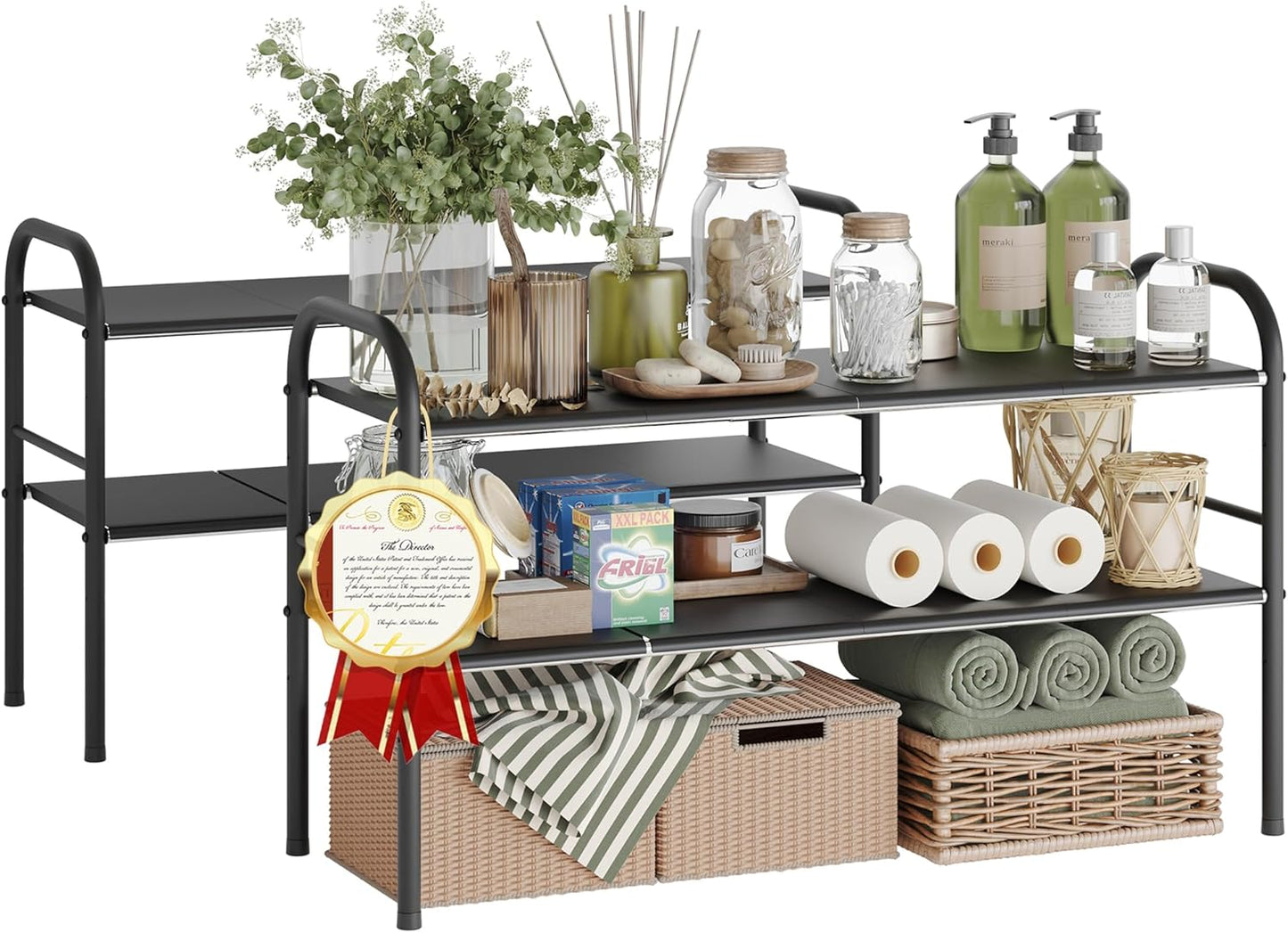 NETEL 2 Pack Under Sink Organizers and Storage,Expandable Under Cabinet Organizer Shelf with 8 Removable Panels,Expandable Shelf for Cupboard,Kitchen,Bathroom,Shoe Storage Rack