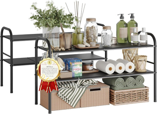 NETEL 2 Pack Under Sink Organizers and Storage,Expandable Under Cabinet Organizer Shelf with 8 Removable Panels,Expandable Shelf for Cupboard,Kitchen,Bathroom,Shoe Storage Rack