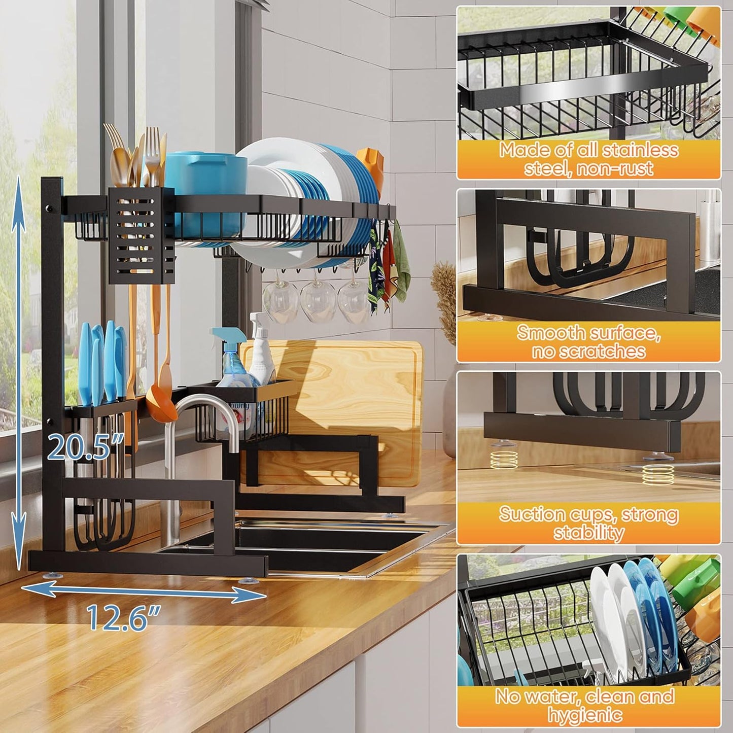 PUSDON Over Sink Dish Drying Rack Stainless Steel, Adjustable Large Dish Drainer for Storage Kitchen Organization Black 2 Tier - Standard(26"-38")