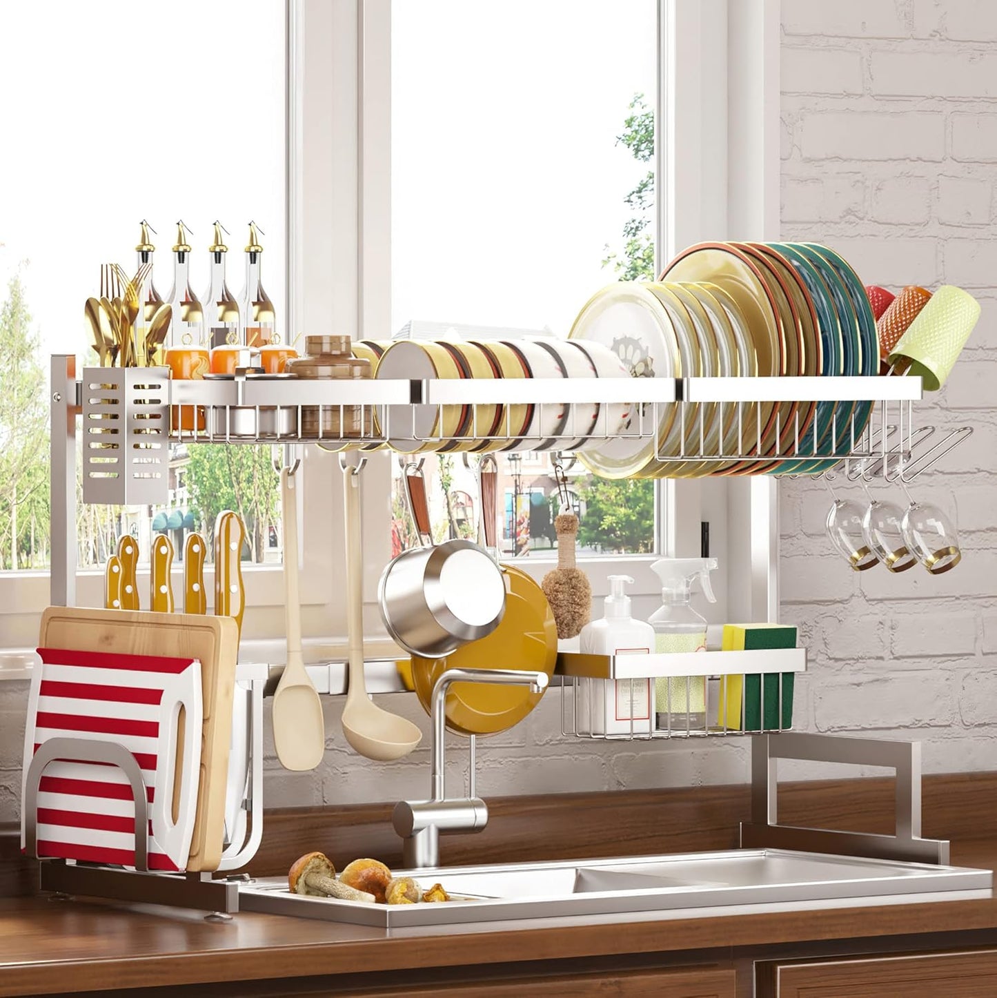 PUSDON Over Sink Dish Drying Rack Stainless Steel, Adjustable Large Dish Drainer for Storage Kitchen Organization Black 2 Tier - Standard(26"-38")