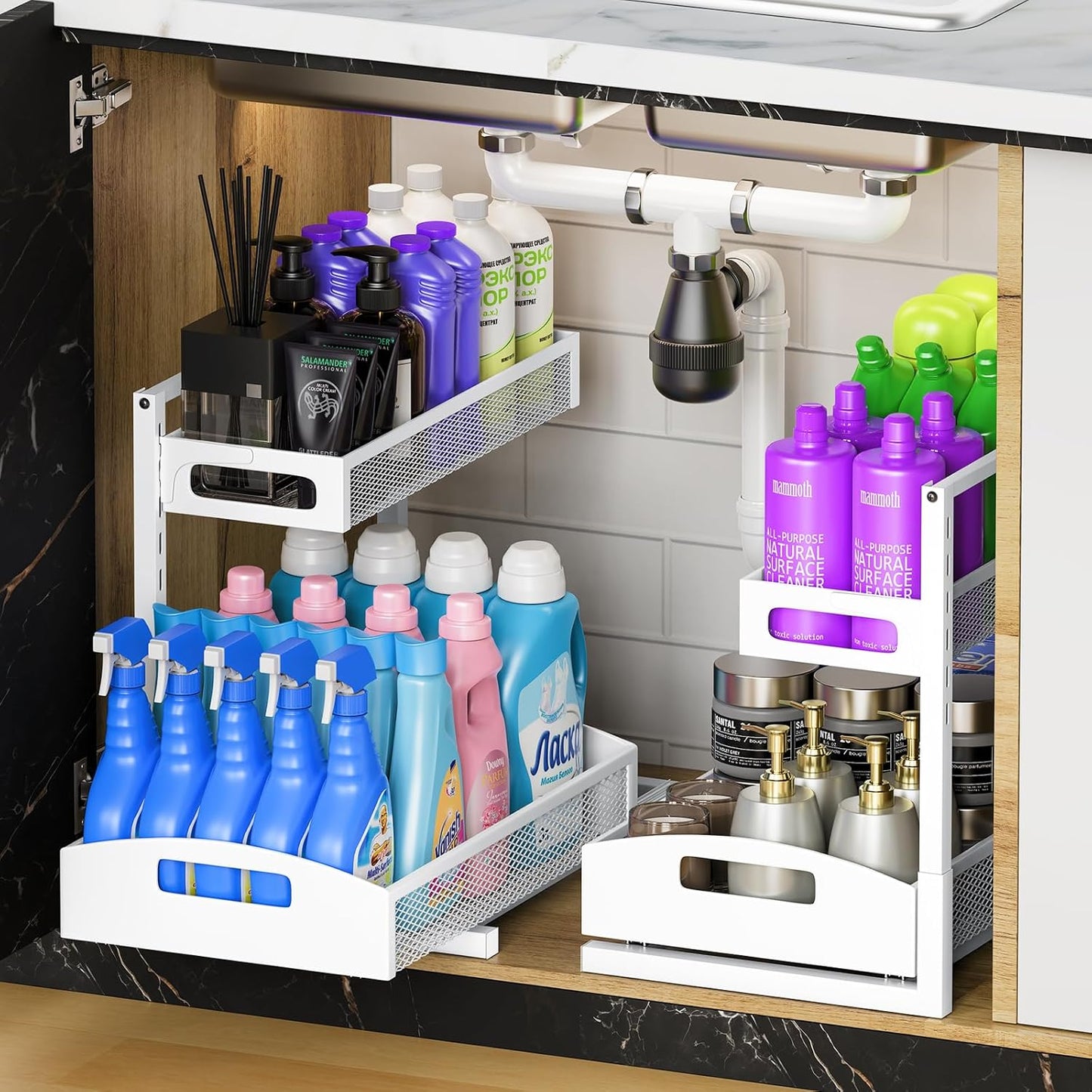 Under Sink Organizer,2 Pack Height Adjustable Under Sink Organizers and Storage, 2 Tier Under Sink Storage for Kitchen Bathroom Cabinet
