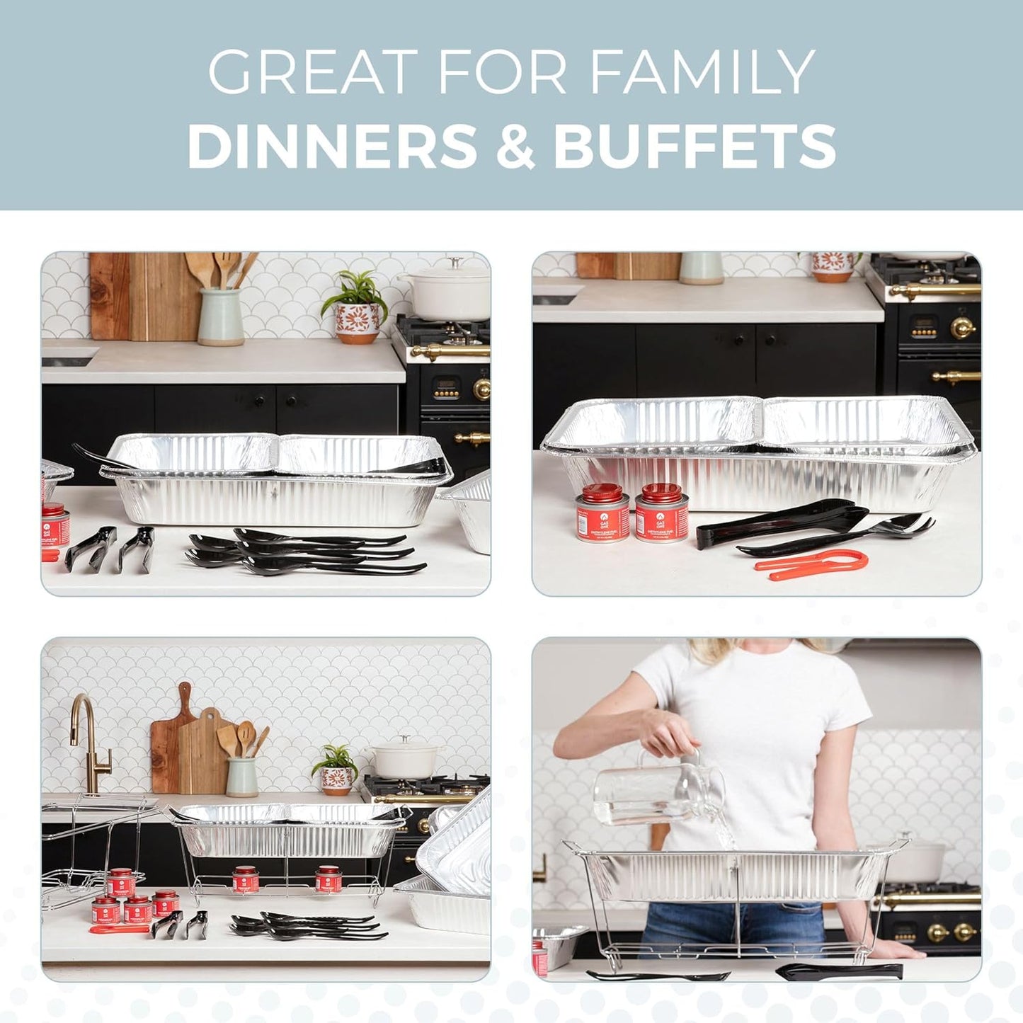 Large Full Size 33-Pcs Disposable Chaffing Buffet with-Covers, Utensils, Fuel Cans – Premium Chafing Dish Set for Events, Parties, Catering