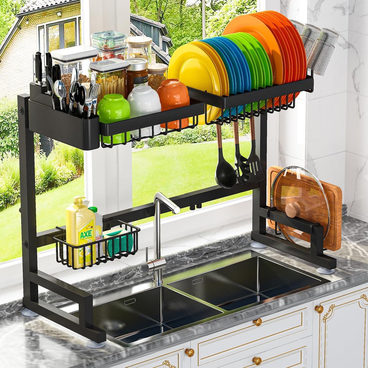 ADBIU Over The Sink Dish Drying Rack (Expandable Height and Length) Snap-On Design 2 Tier Large Dish Rack 31-39.4L x 12W x 34-38H inches