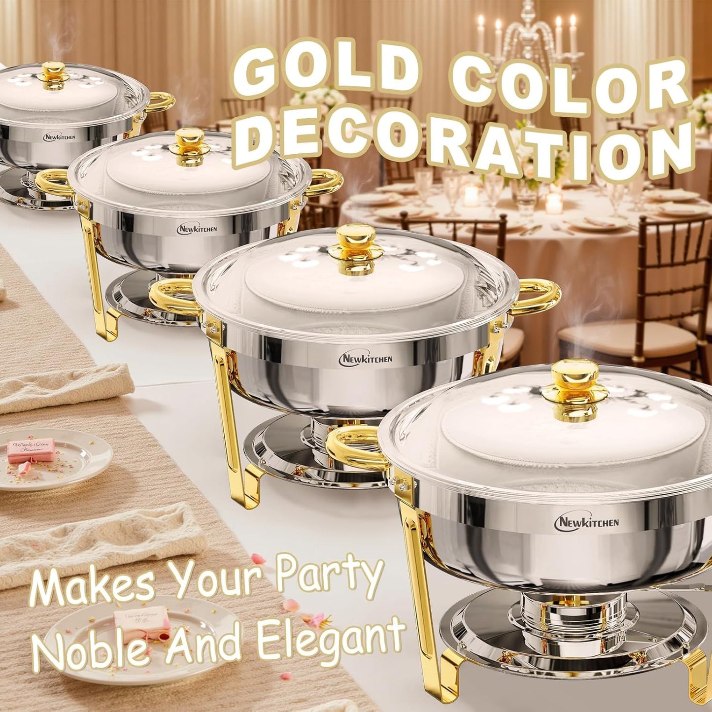 Chafing Dishes for Buffet 4 Pack, 6QT Round Chafing Dishes for Buffet [Elegant Gold and Silver Colors] Stainless Steel Chafing Dish Buffet Set for Any Party