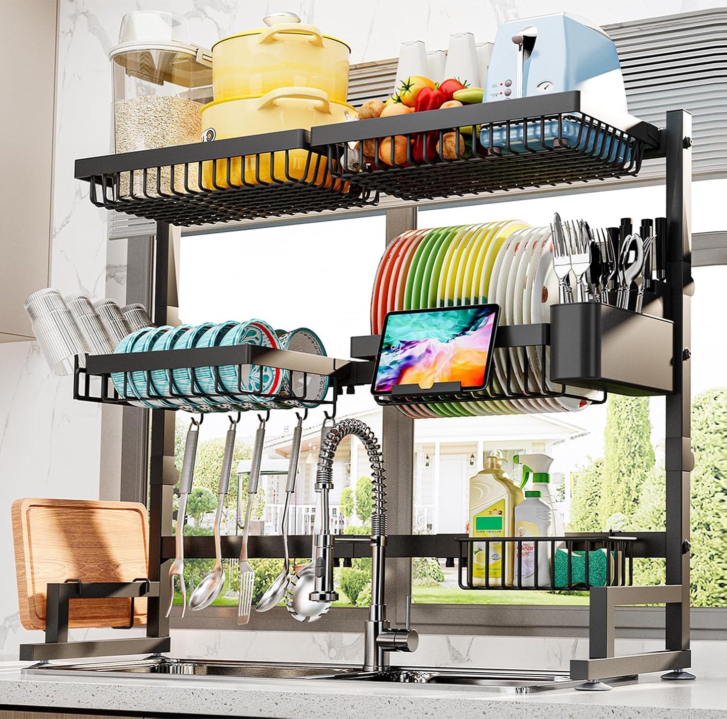 ADBIU Over The Sink Dish Drying Rack (Expandable Height and Length) Snap-On Design 2 Tier Large Dish Rack 31-39.4L x 12W x 34-38H inches