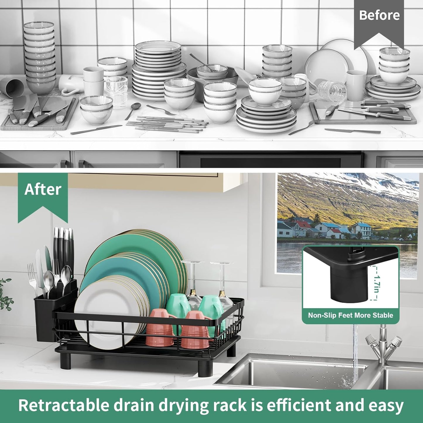 MOUKABAL Dish Drying Rack, Dish Rack, Stainless Steel Dish Racks for Kitchen Counter, Dish Drainer with Removable Utensil Holder, Drainboard (Black)