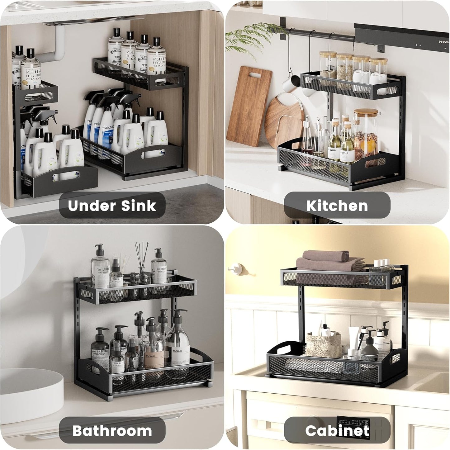 Under Sink Organizer,2 Pack Height Adjustable Under Sink Organizers and Storage, 2 Tier Under Sink Storage for Kitchen Bathroom Cabinet