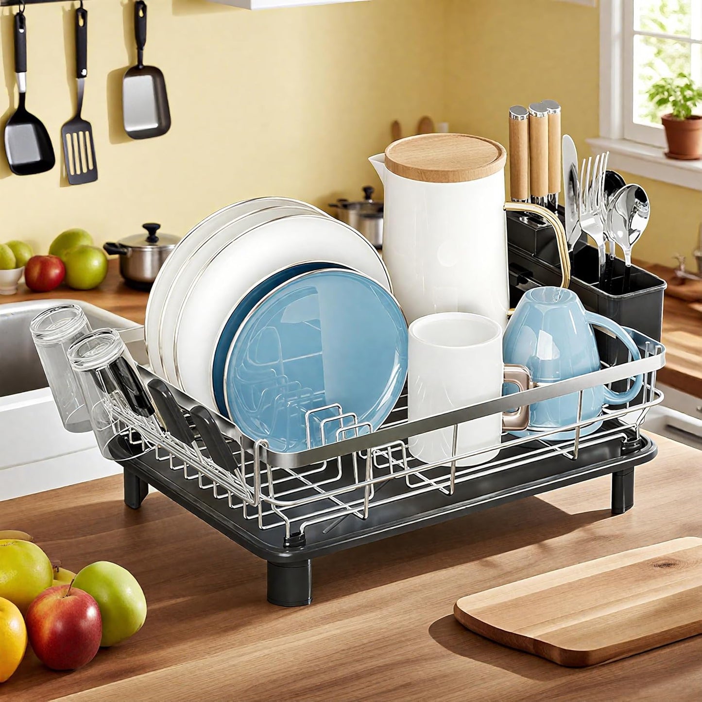 MOUKABAL Dish Drying Rack, Dish Rack, Stainless Steel Dish Racks for Kitchen Counter, Dish Drainer with Removable Utensil Holder, Drainboard (Black)