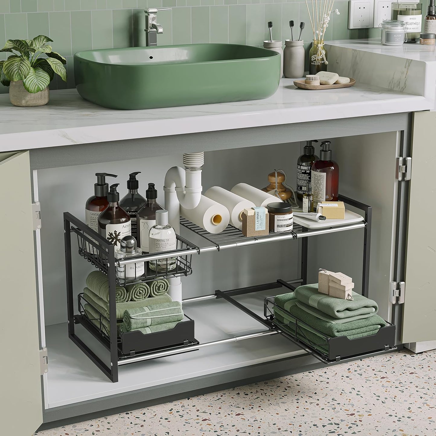 NETEL 2 Pack Under Sink Organizers and Storage,Expandable Under Cabinet Organizer Shelf with 8 Removable Panels,Expandable Shelf for Cupboard,Kitchen,Bathroom,Shoe Storage Rack